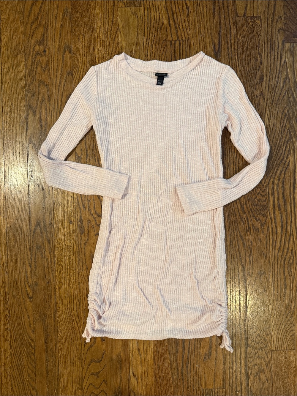 art class Ribbed Long Sleeve Drawstring-Hem Dress in Pale Pink